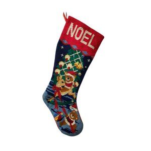 Vintage Needlepoint Christmas Stocking, Noel Bears, Rocking Horse, Tree Red Back